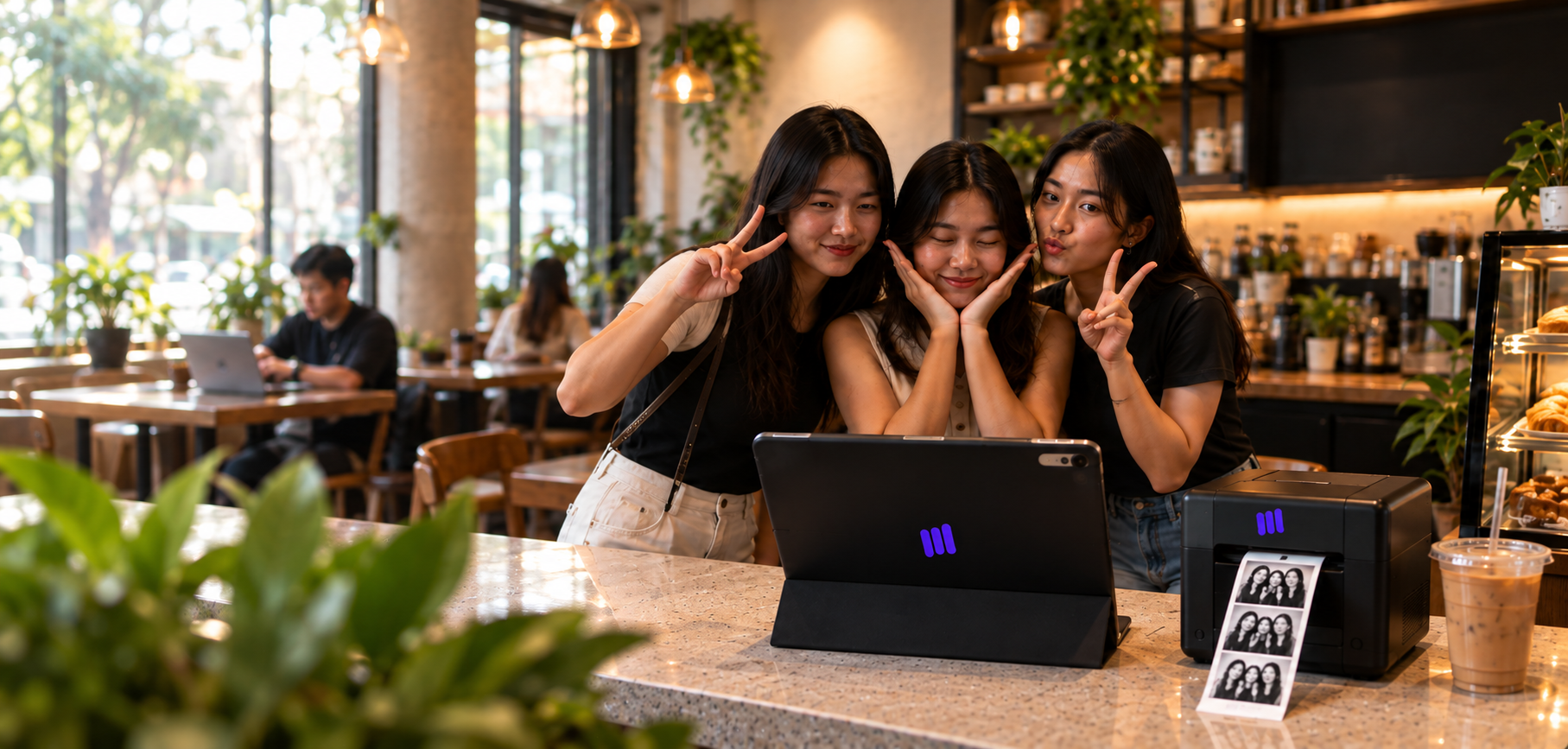 Friends using a tablet photobooth beside a compatible receipt printer in a cafe