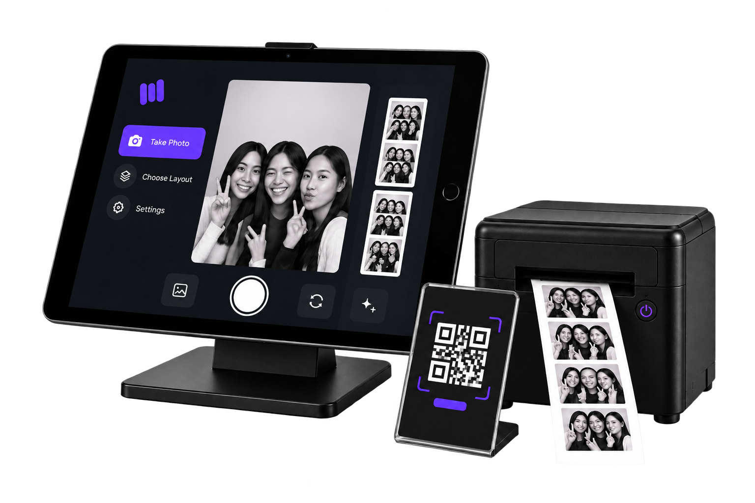 Compatible tablet, QR payment stand and thermal printer running Grid Kiosk software